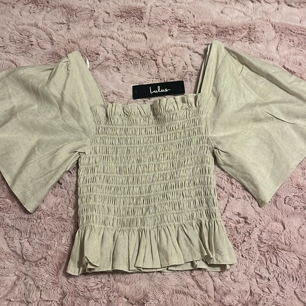 LuLus Champagne Pleated Bell Sleeve Top